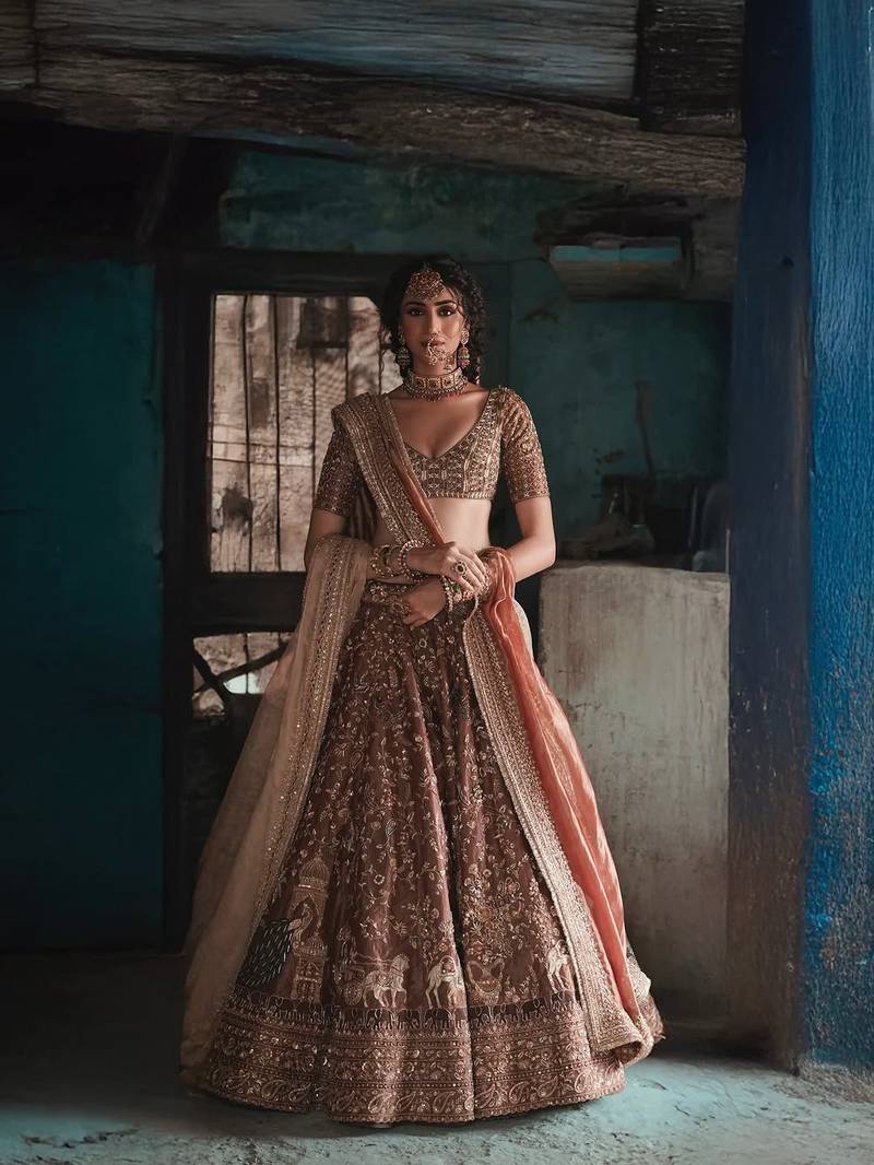 Brown Thread Lehenga Choli With Dupatta