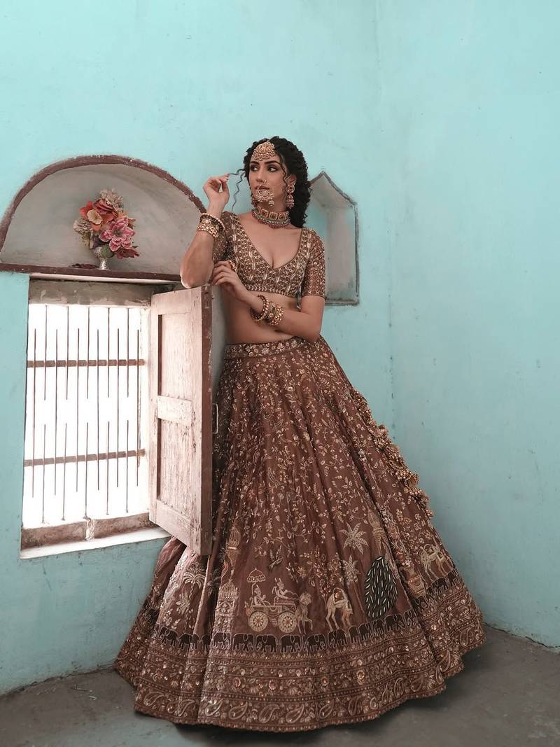 Brown Thread Lehenga Choli With Dupatta