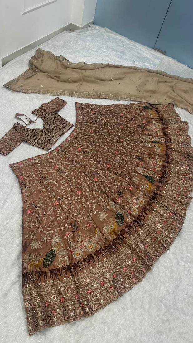 Brown Thread Lehenga Choli With Dupatta