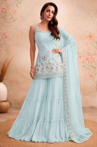Light-blue faux georgette sequins sharara set
