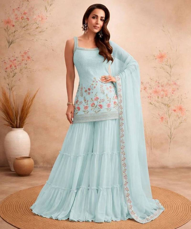 Light-blue faux georgette sequins sharara set