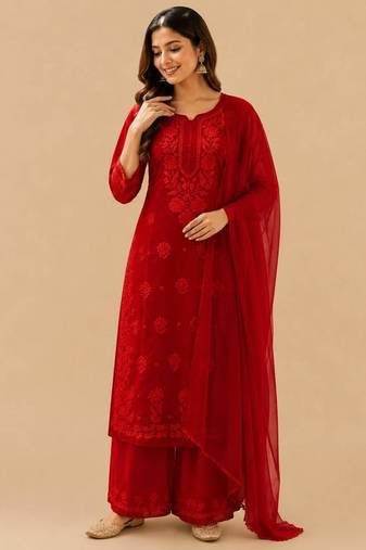 Dark-red faux georgette embroidered palazzo set