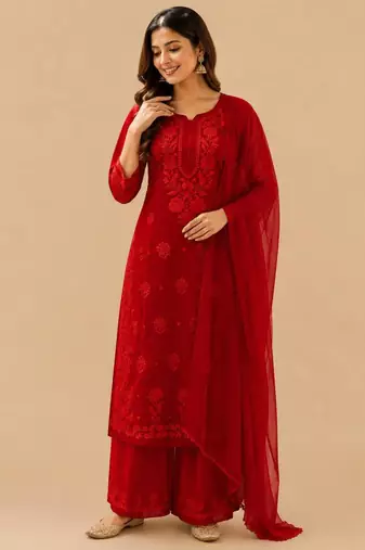 Dark-red faux georgette embroidered palazzo set