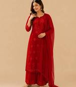 Dark-red faux georgette embroidered palazzo set