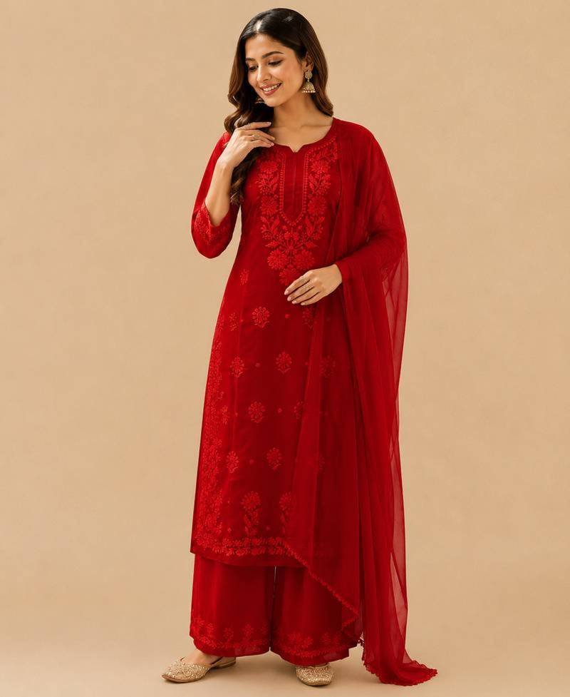 Dark-red faux georgette embroidered palazzo set