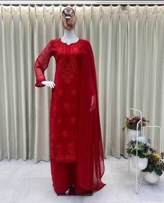 Dark-red faux georgette embroidered palazzo set 2
