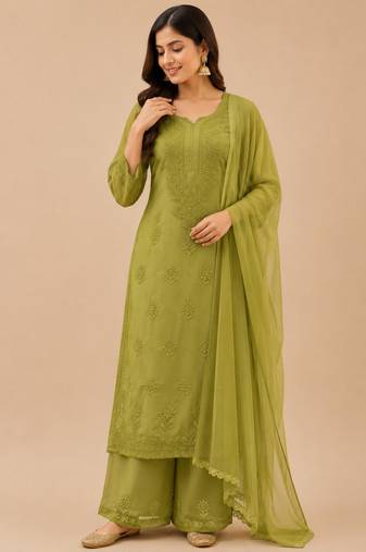 Green faux georgette embroidered palazzo set