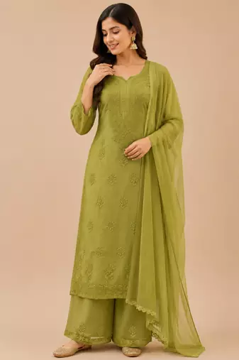 Green faux georgette embroidered palazzo set