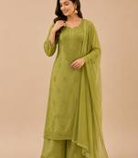 Green faux georgette embroidered palazzo set