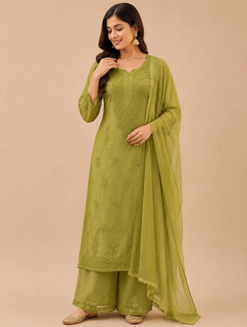 Green faux georgette embroidered palazzo set