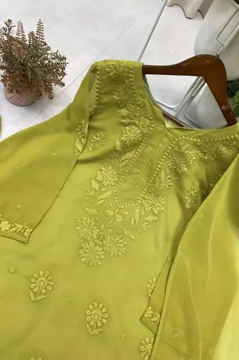Green faux georgette embroidered palazzo set