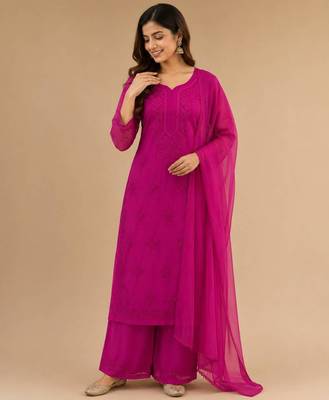 Pink faux georgette embroidered palazzo set 1