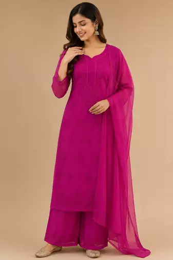 Pink faux georgette embroidered palazzo set