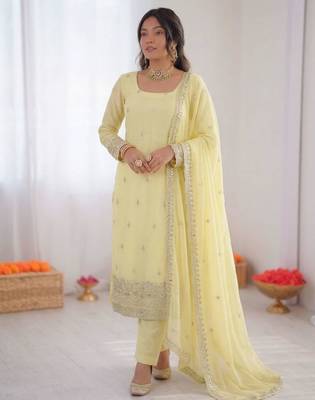 Light-yellow georgette thread embroidery kurta set 1