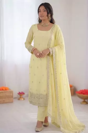 Light-yellow georgette thread embroidery kurta set