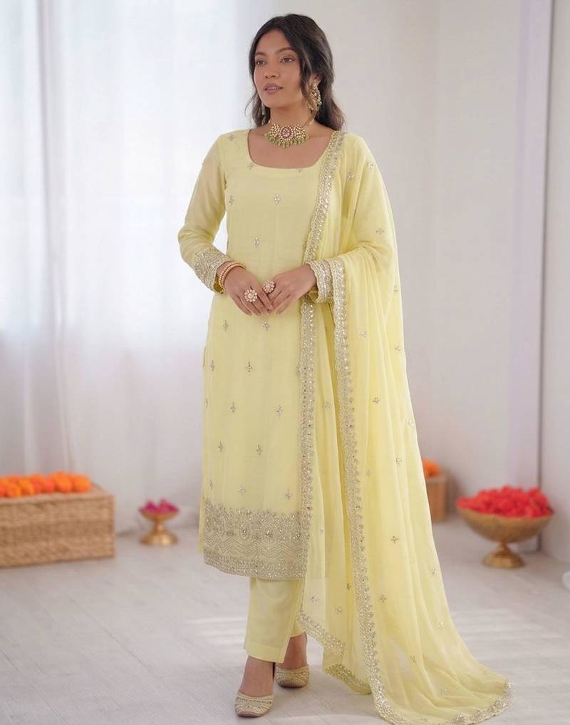Light-yellow georgette thread embroidery kurta set