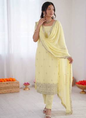 Light-yellow georgette thread embroidery kurta set 2
