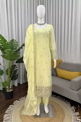 Light-yellow georgette thread embroidery kurta set