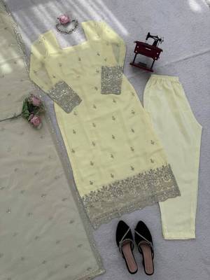 Light-yellow georgette thread embroidery kurta set 4