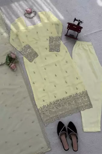 Light-yellow georgette thread embroidery kurta set