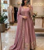Mauve silk blend embroidered flared gown set