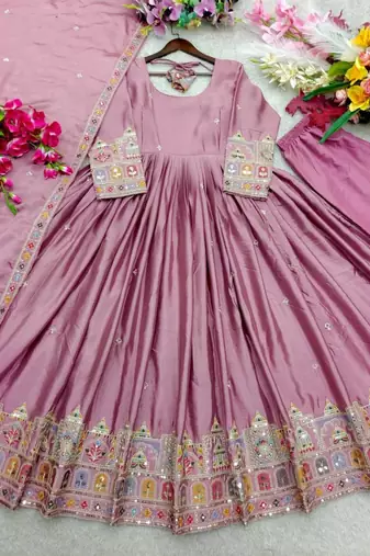 Mauve silk blend embroidered flared gown set