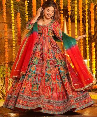 Multicolor cotton embroidered flared gown set 1
