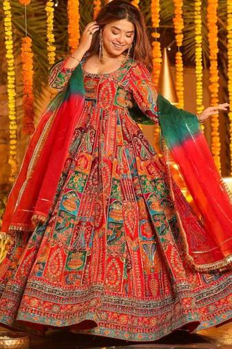 Multicolor cotton embroidered flared gown set