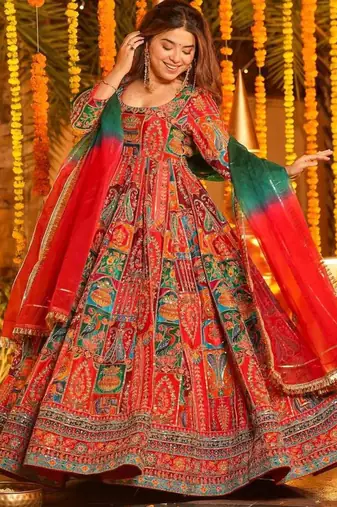 Multicolor cotton embroidered flared gown set