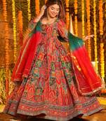 Multicolor cotton embroidered flared gown set