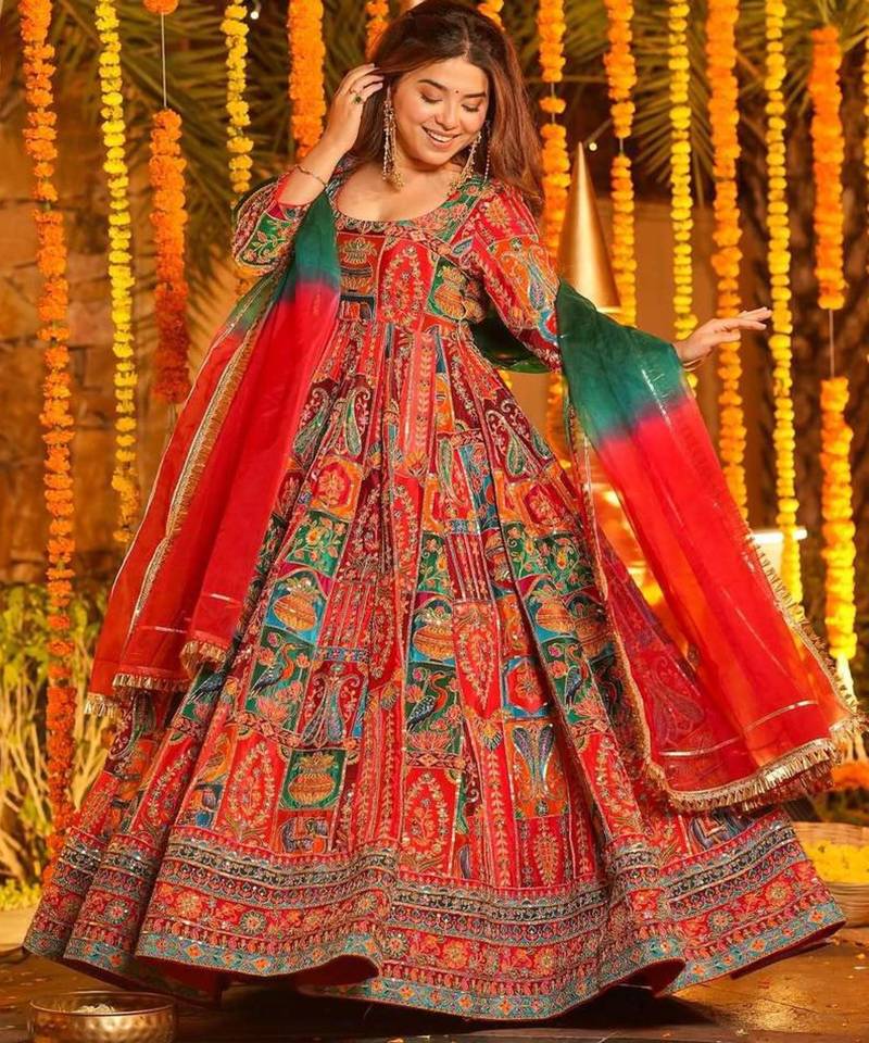 Multicolor cotton embroidered flared gown set