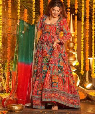 Multicolor cotton embroidered flared gown set 2
