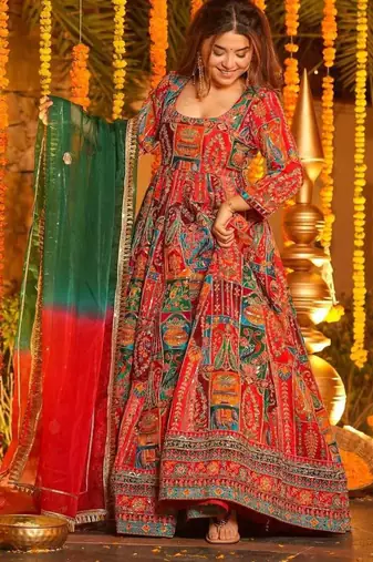 Multicolor cotton embroidered flared gown set