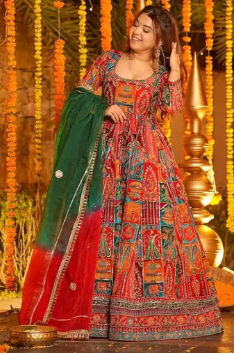 Multicolor cotton embroidered flared gown set