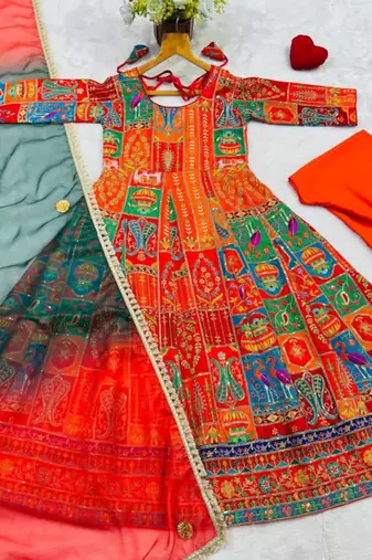 Multicolor cotton embroidered flared gown set