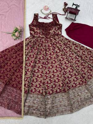 Maroon chanderi silk thread embroidery anarkali set 2