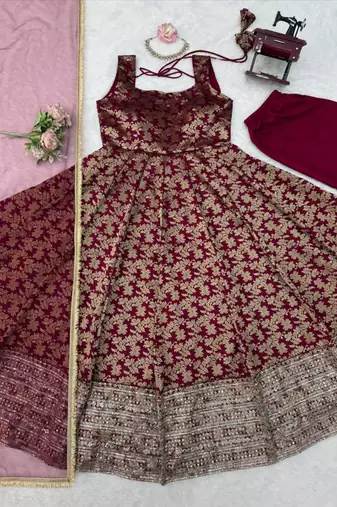 Maroon chanderi silk thread embroidery anarkali set