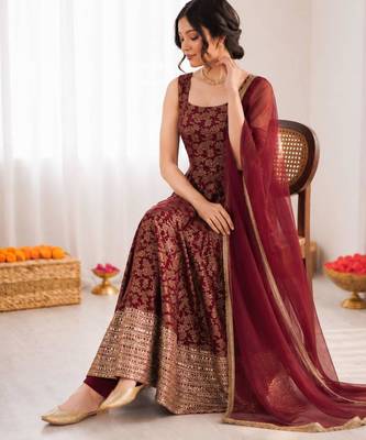 Maroon chanderi silk thread embroidery anarkali set 1
