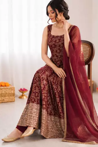 Maroon chanderi silk thread embroidery anarkali set