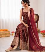 Maroon chanderi silk thread embroidery anarkali set