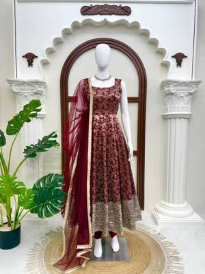 Maroon chanderi silk thread embroidery anarkali set 3