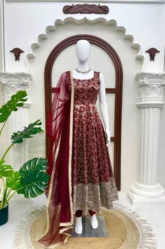 Maroon chanderi silk thread embroidery anarkali set
