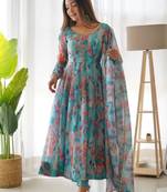 Light-blue organza printed anarkali set
