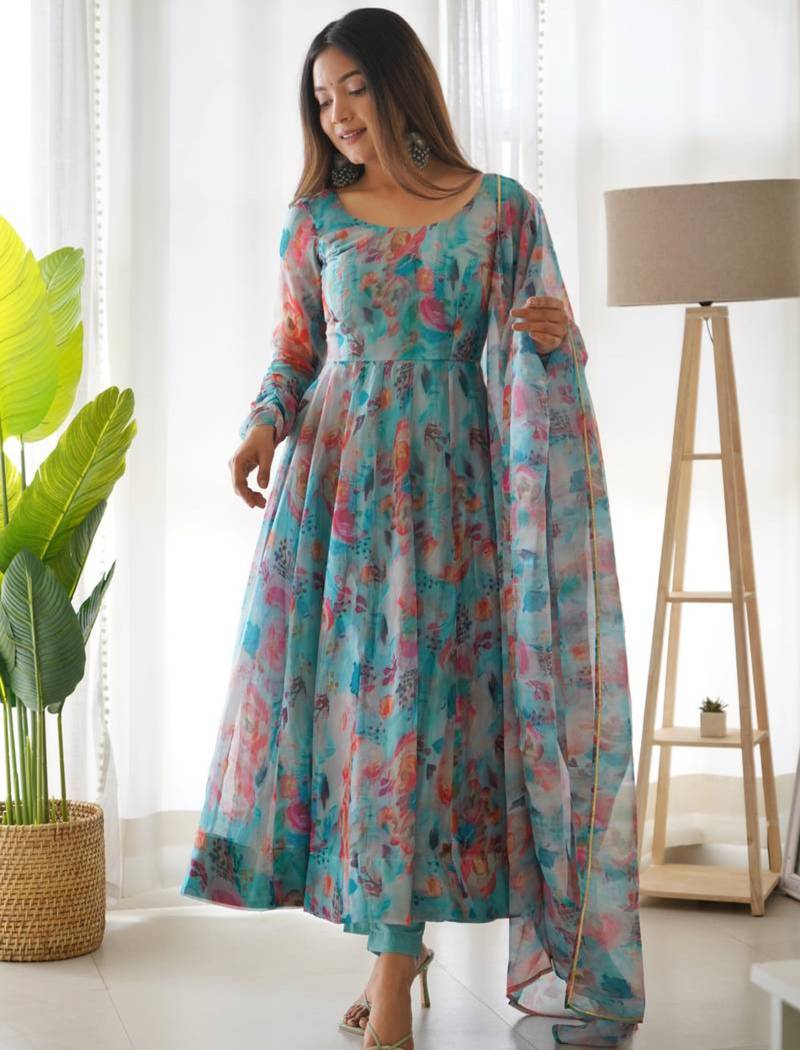 Light-blue organza printed anarkali set