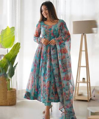 Light-blue organza printed anarkali set 2