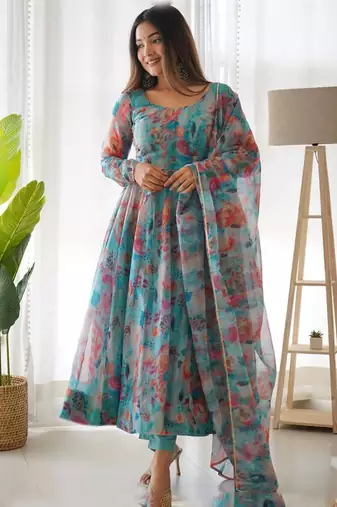 Light-blue organza printed anarkali set