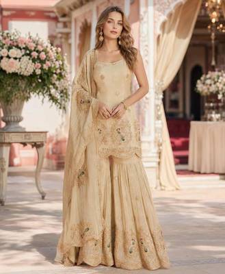 Cream silk embroidered sharara set 1