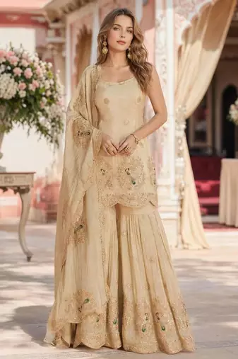 Cream silk embroidered sharara set