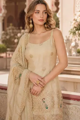 Cream silk embroidered sharara set