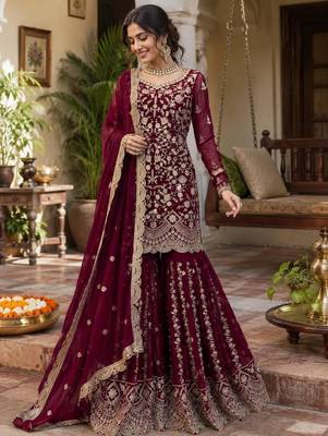 Maroon faux georgette thread embroidery palazzo set 1